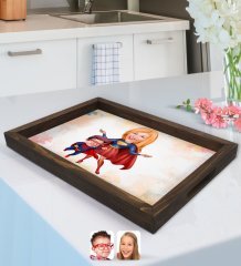 Kişiye Özel Süper Anne ve Süper Çocuk Karikatürlü Doğal Ahşap Tepsi-1