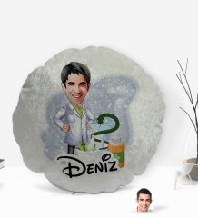 Kişiye Özel İsimli Erkek Eczacı Karikatürlü Yuvarlak Dekoratif Kırlent Yastık-2