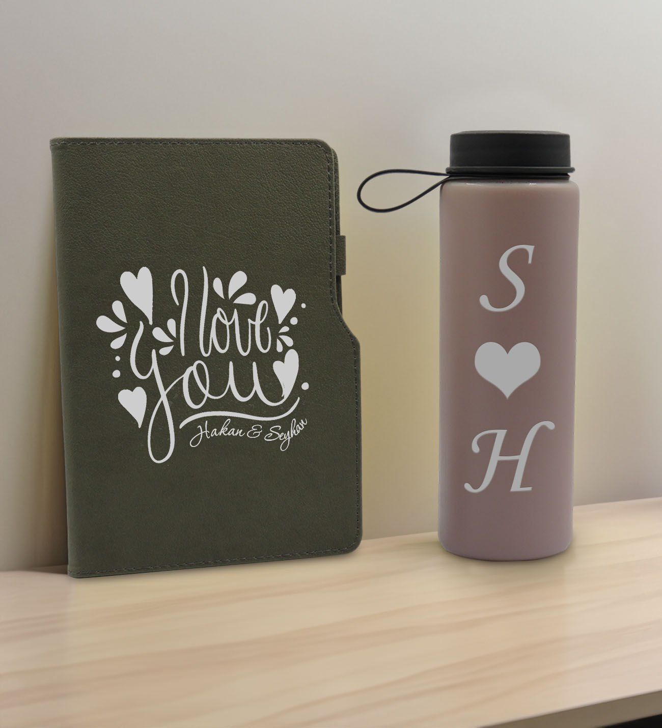 BK Gift Sevgiliye Özel İsimli Gri Termo Defter ve Gri Cam Matara Hediye Seti-8, Sevgiliye Hediye, Sevgililer Günü, Yeni İş Hediyesi