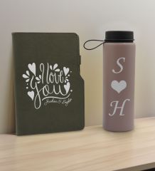 BK Gift Sevgiliye Özel İsimli Gri Termo Defter ve Gri Cam Matara Hediye Seti-8, Sevgiliye Hediye, Sevgililer Günü, Yeni İş Hediyesi