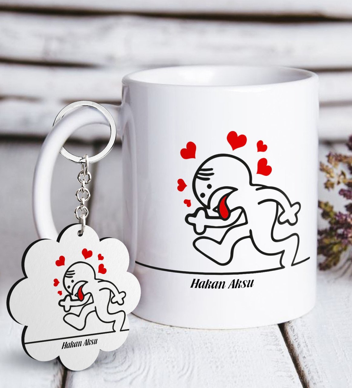 Kişiye Özel Aşık Çöp Adam Beyaz Kupa ve Anahtarlık Hediye Seti