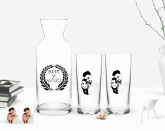 Kişiye Özel Renkli Baskılı Sevgililer Silüet Tasarımlı İkili Rakı Bardağı ve Karaf Hediye Seti-1