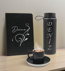 BK Gift Kişiye  Özel İsimli Siyah Defter, Cam Matara ve Türk Kahvesi Fincanı Hediye Seti-6, Arkadaşa Hediye, Sevgiliye Hediye, Yeni İş Hediyesi