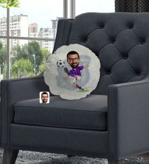 Kişiye Özel Bordo Mavi Futbolcu Karikatürlü Yuvarlak Dekoratif Kırlent Yastık-1
