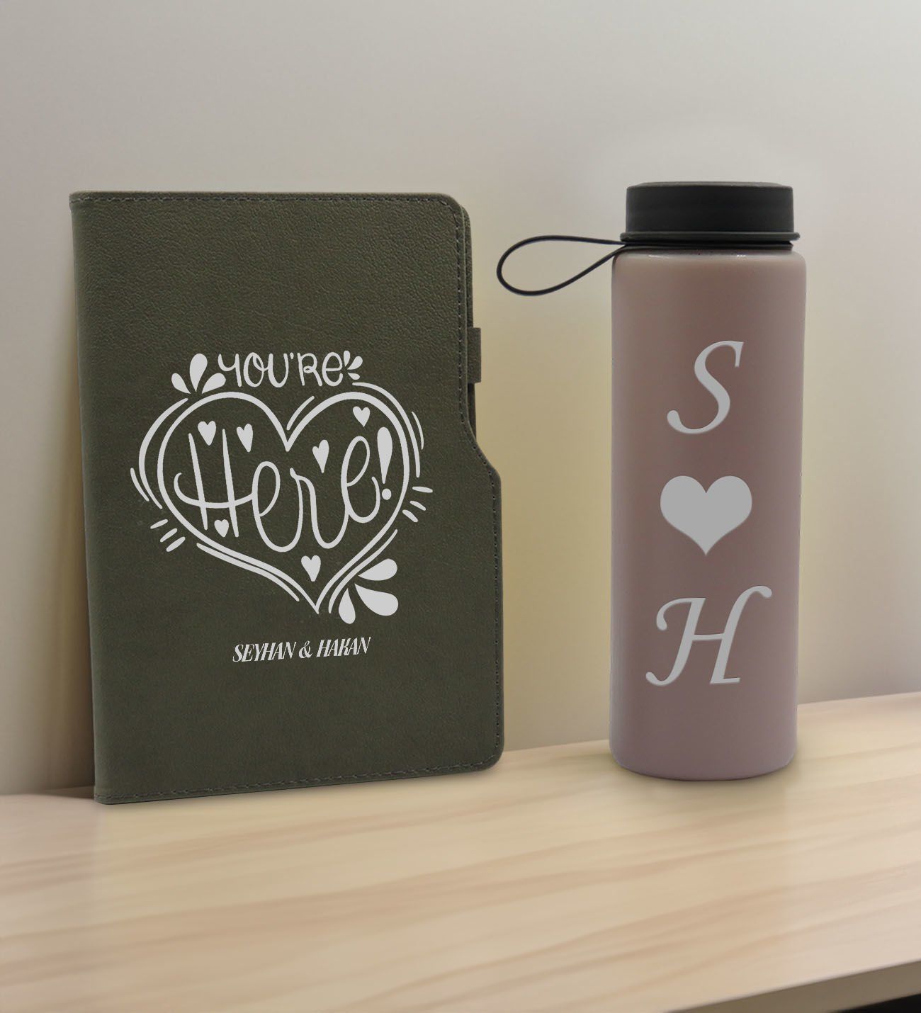 BK Gift Sevgiliye Özel İsimli Gri Termo Defter ve Gri Cam Matara Hediye Seti-7, Sevgiliye Hediye, Sevgililer Günü, Yeni İş Hediyesi