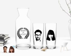 Kişiye Özel Renkli Baskılı Erkek ve Kadın Silüet Tasarımlı İkili Rakı Bardağı ve Karaf Hediye Seti-1