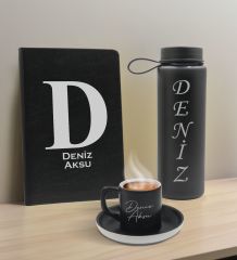 BK Gift Kişiye  Özel İsimli Siyah Defter, Cam Matara ve Türk Kahvesi Fincanı Hediye Seti-5, Arkadaşa Hediye, Sevgiliye Hediye, Yeni İş Hediyesi