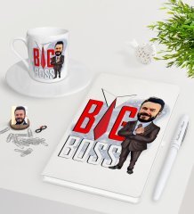 Kişiye Özel Erkek Big Boss Karikatürlü Beyaz Defter Kalem Türk Kahvesi Fincanı Seti-4