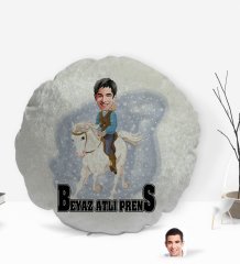 Kişiye Özel Beyaz Atlı Prens Karikatürlü Yuvarlak Dekoratif Kırlent Yastık-3