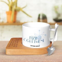 Kişiye Özel Fizik Öğretmeni Ahşap Altlıklı Seramik Fincan - 1