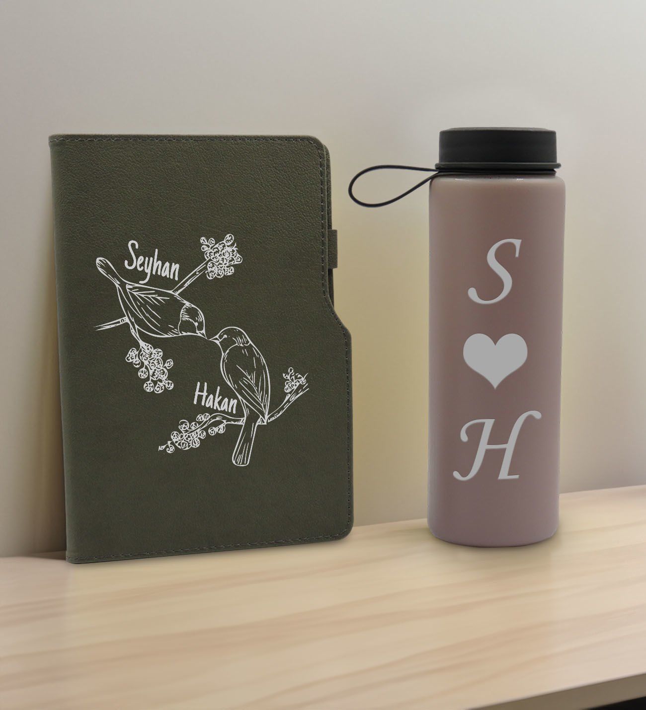 BK Gift Sevgiliye Özel İsimli Gri Termo Defter ve Gri Cam Matara Hediye Seti-6, Sevgiliye Hediye, Sevgililer Günü, Yeni İş Hediyesi