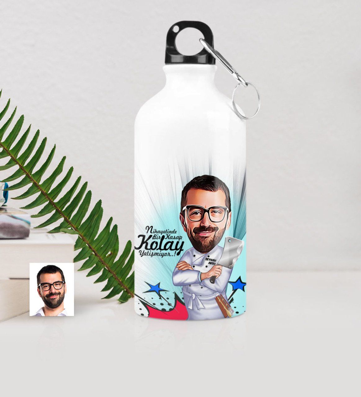 Kişiye Özel Bay Kasap Karikatürlü Metal Suluk (500 ml.) 1