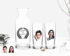 Kişiye Özel Renkli Baskılı Erkek ve Kadın Yüz Karikatürlü İkili Rakı Bardağı ve Karaf Hediye Seti-2