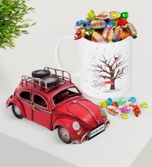 Kişiye Özel Yılbaşı Mutlu Yıllar Plakalı Nostaljik Kırmızı Metal Vosvos ve Kupa Haribo Şeker Seti-25