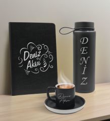 BK Gift Kişiye  Özel İsimli Siyah Defter, Cam Matara ve Türk Kahvesi Fincanı Hediye Seti-4, Arkadaşa Hediye, Sevgiliye Hediye, Yeni İş Hediyesi