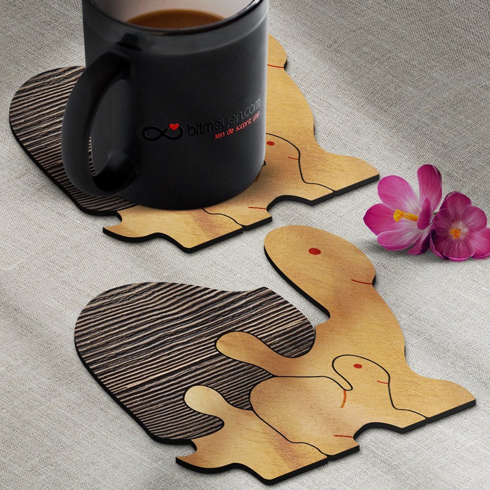 Kişiye Özel Puzzle Sevimli Kaplumbağalar Ahşap Bardak Altlığı - 2 (4 Adet)