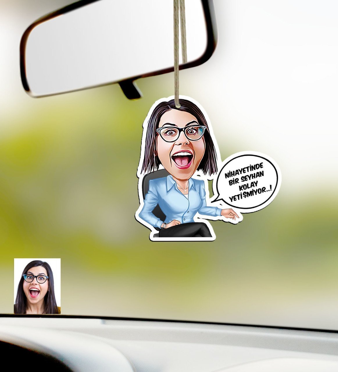 Kişiye Özel Bayan Kolay Yetişmiyor Karikatürlü Ahşap Araba Dikiz Ayna Süsü-2