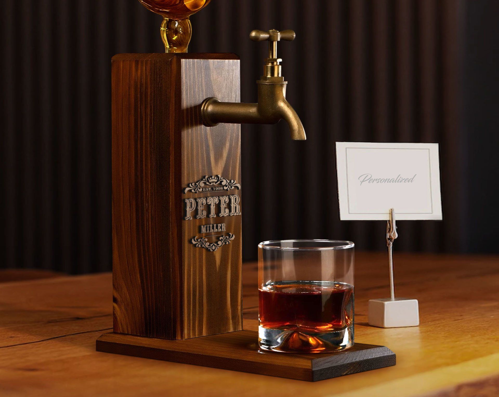 BK Gift Kişiye Özel Kabartma İsimli Musluklu Doğal Ahşap İçki Standı, Home Bar, Viski Çeşmesi, İçecek Dispenseri, Ahşap İçecek Çeşmesi-16