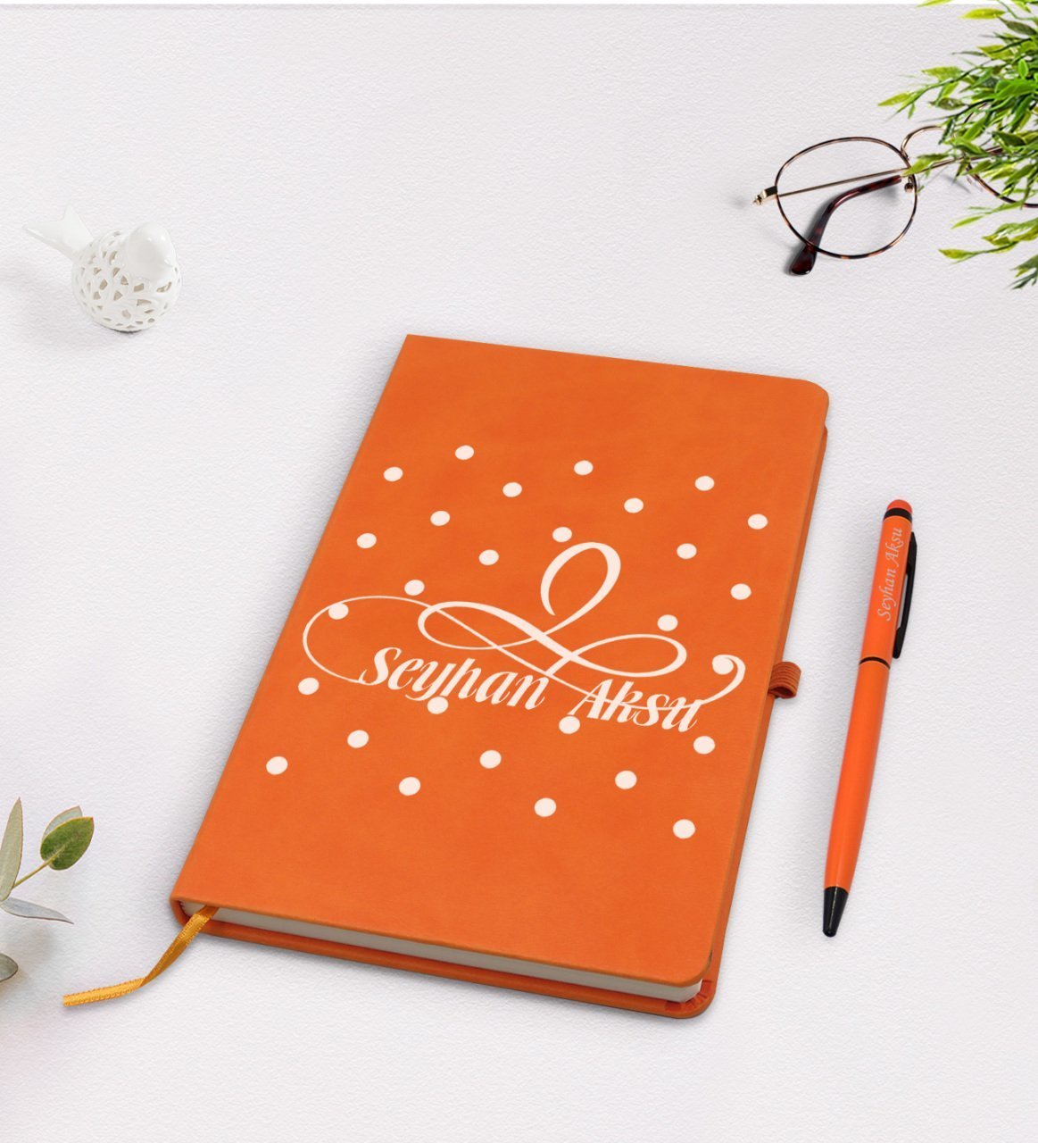 Kişiye Özel İsimli Turuncu Termo Deri Defter Kalem Seti Model 4