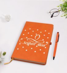 Kişiye Özel İsimli Turuncu Termo Deri Defter Kalem Seti Model 4