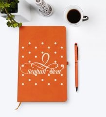 Kişiye Özel İsimli Turuncu Termo Deri Defter Kalem Seti Model 4