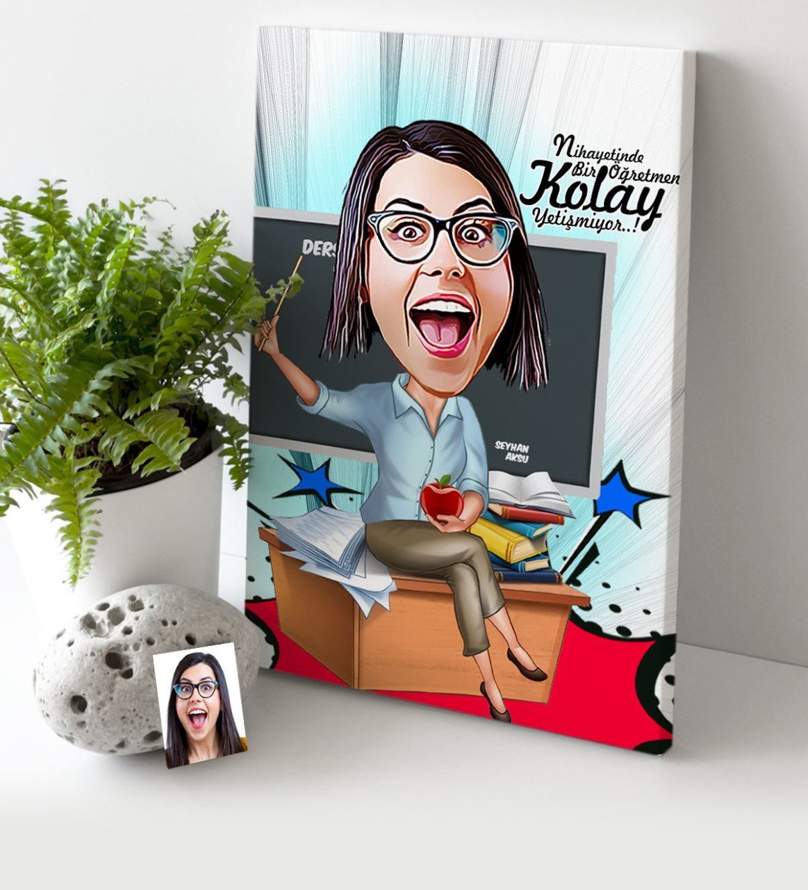 Kişiye Özel Bayan Öğretmen Karikatür Kanvas Tablo (30 x 50 cm.) 2