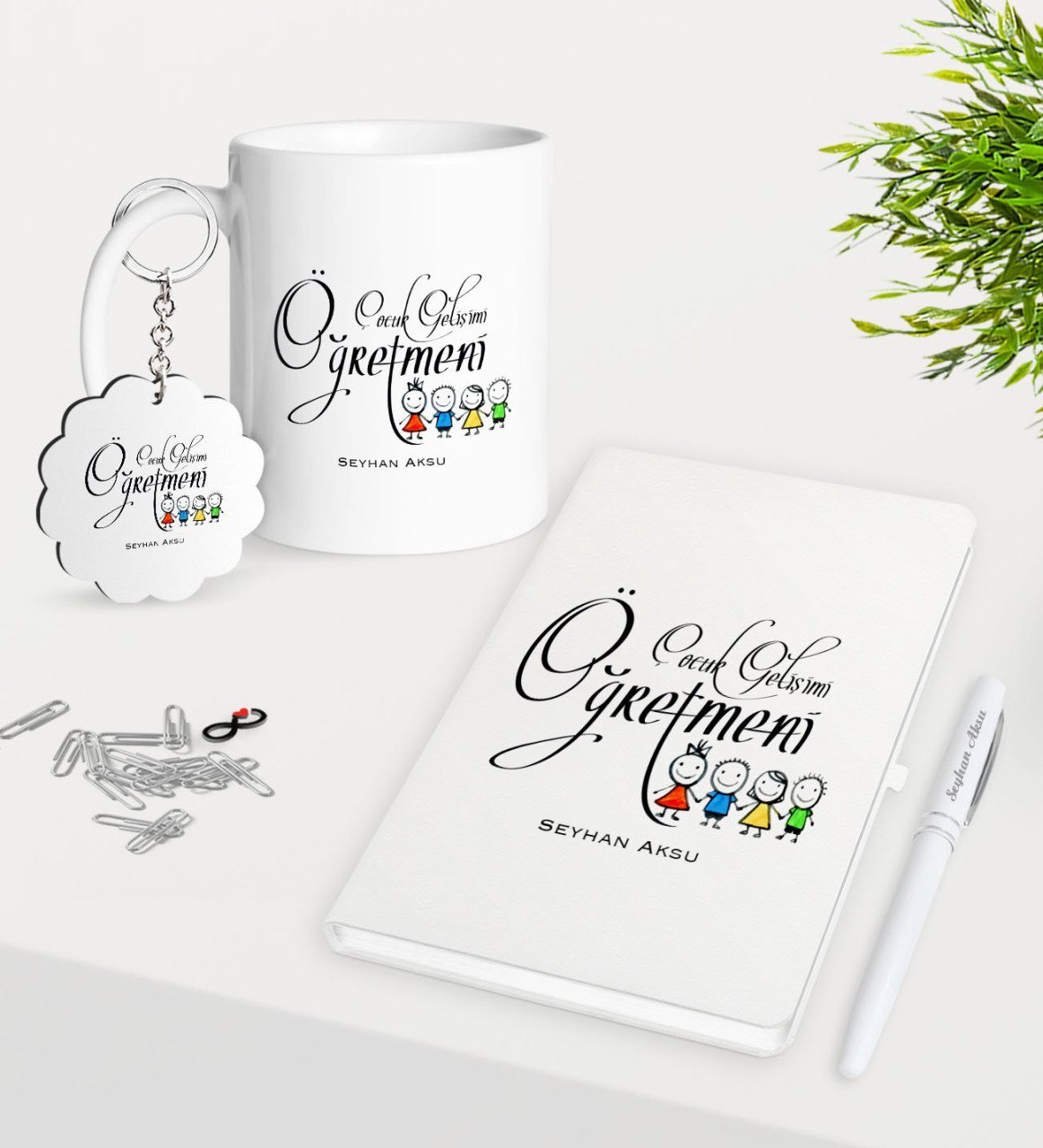 Kişiye Özel Çocuk Gelişim Öğretmeni Kupa Anahtarlık Beyaz Defter Kalem Hediye Seti-2