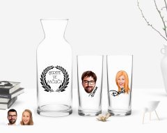 Kişiye Özel Renkli Baskılı Erkek ve Kadın Yüz Karikatürlü İkili Rakı Bardağı ve Karaf Hediye Seti-1