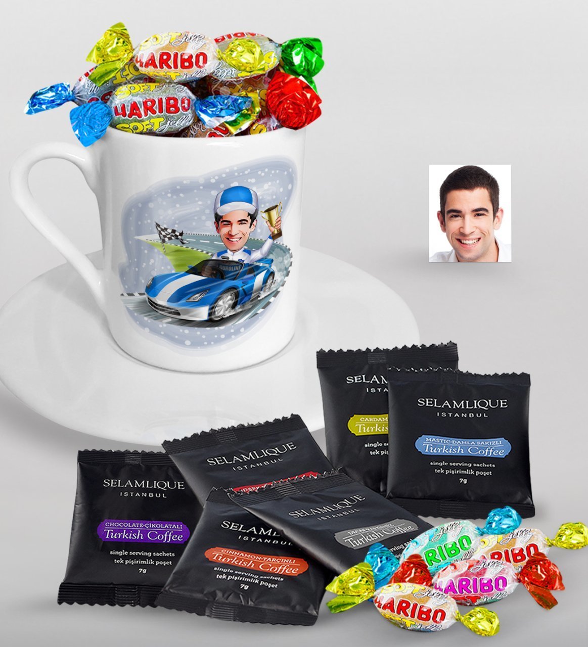 Kişiye Özel Bay Rallici Karikatürlü Türk Kahvesi Fincanı Selamlique Karışık Türk Kahvesi ve Haribo Şeker Hediye Seti-1