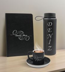 BK Gift Kişiye  Özel İsimli Siyah Defter, Cam Matara ve Türk Kahvesi Fincanı Hediye Seti-3, Arkadaşa Hediye, Sevgiliye Hediye, Yeni İş Hediyesi