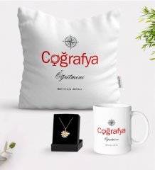 Kişiye Özel Coğrafya Öğretmeni Beyaz Kupa Yastık ve İsimli Papatya Kolye Hediye Seti-1
