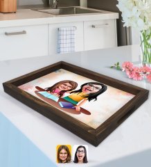 Kişiye Özel Anne Kız Karikatürlü Doğal Ahşap Tepsi-1