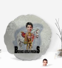 Kişiye Özel Beyaz Atlı Prens Karikatürlü Yuvarlak Dekoratif Kırlent Yastık-1
