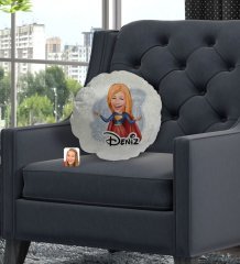 Kişiye Özel İsimli Süper Girl Karikatürlü Yuvarlak Dekoratif Kırlent Yastık-1