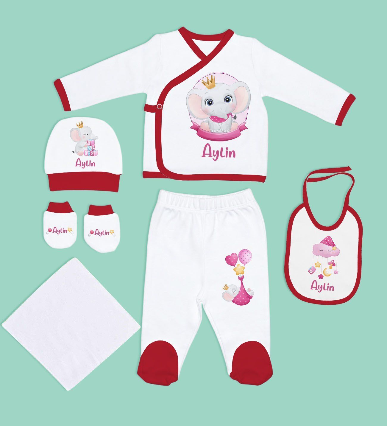BK Kids Kişiye Özel Hastane Çıkışı, Bebek Kıyafeti, Yeni Doğan Bebek Hediyesi, 6 Parça Kırmızı Bebek Elbise Giyim Seti-7