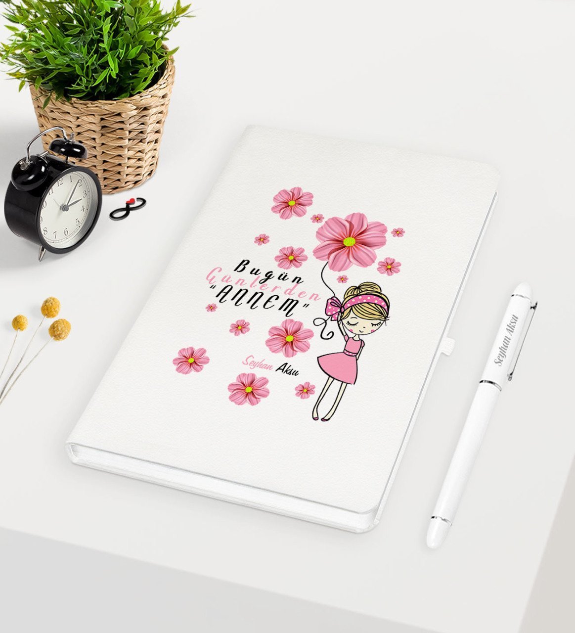 Kişiye Özel Bugün Günlerden Annem Beyaz Defter Kalem Seti - 2