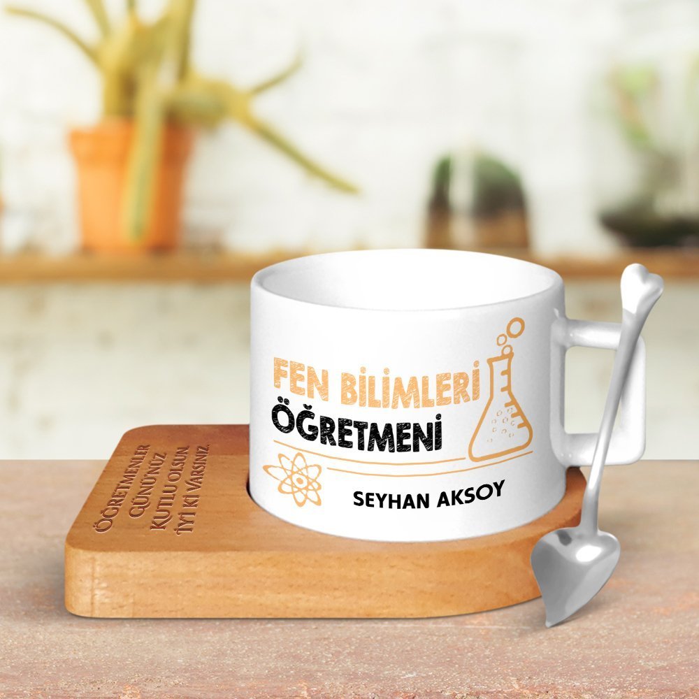 Kişiye Özel Fen Bilimleri Öğretmeni Ahşap Altlıklı Seramik Fincan - 4