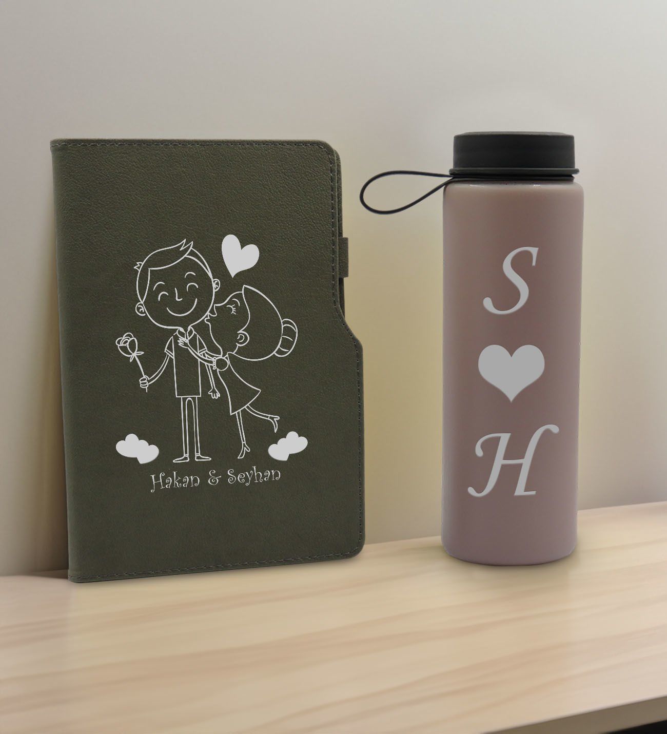 BK Gift Sevgiliye Özel İsimli Gri Termo Defter ve Gri Cam Matara Hediye Seti-4, Sevgiliye Hediye, Sevgililer Günü, Yeni İş Hediyesi