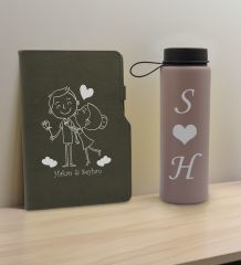 BK Gift Sevgiliye Özel İsimli Gri Termo Defter ve Gri Cam Matara Hediye Seti-4, Sevgiliye Hediye, Sevgililer Günü, Yeni İş Hediyesi