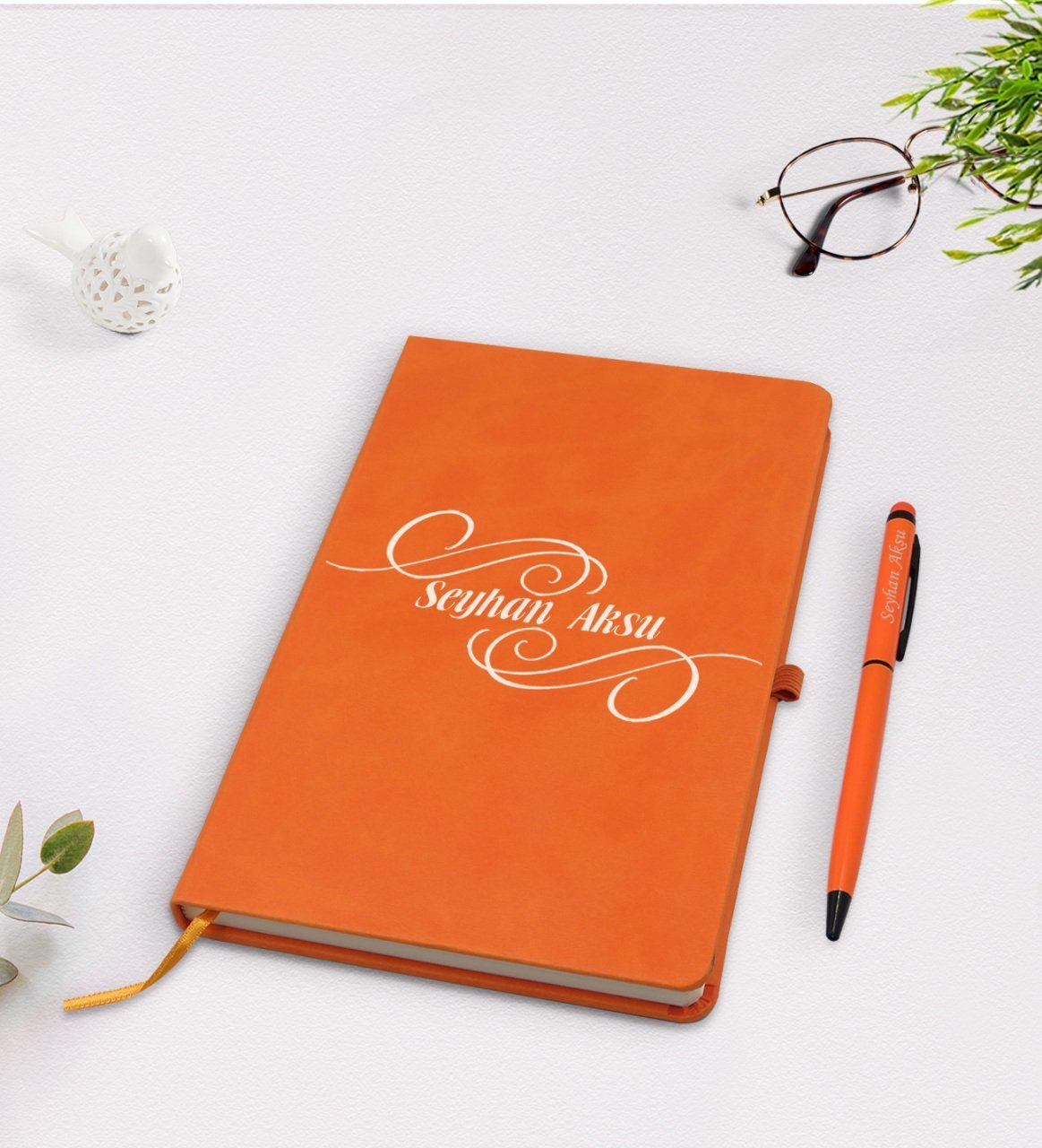 Kişiye Özel İsimli Turuncu Termo Deri Defter Kalem Seti Model 3