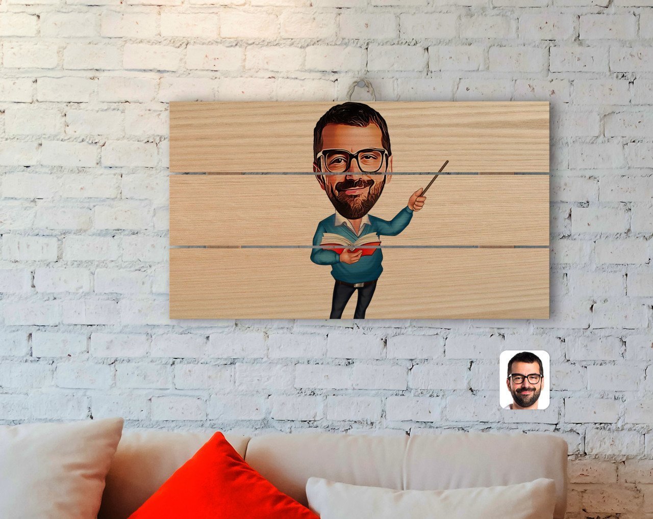 Kişiye Özel Erkek Öğretmen Karikatürlü Otantik Ahşap Palet Tablo-2
