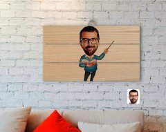 Kişiye Özel Erkek Öğretmen Karikatürlü Otantik Ahşap Palet Tablo-2