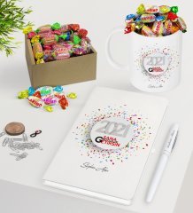 BK Gift Kişiye Özel 2023 Sana Mutluluk Getirsin Beyaz Defter Kalem Kupa ve Kutulu Haribo Şeker Hediye Seti-1