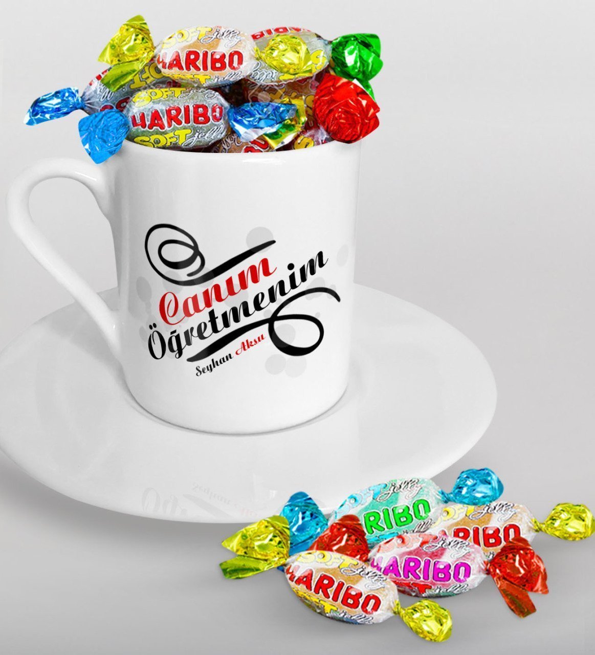 Kişiye Özel Canım Öğretmenim Türk Kahvesi Fincanı ve Haribo Şeker Hediye Seti-2