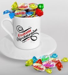Kişiye Özel Canım Öğretmenim Türk Kahvesi Fincanı ve Haribo Şeker Hediye Seti-2