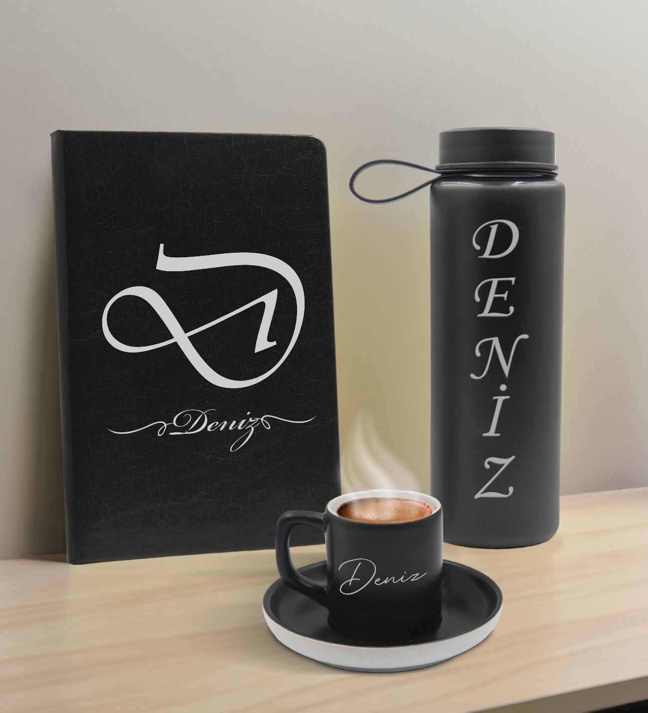BK Gift Kişiye  Özel İsimli Siyah Defter, Cam Matara ve Türk Kahvesi Fincanı Hediye Seti-2, Arkadaşa Hediye, Sevgiliye Hediye, Yeni İş Hediyesi