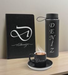 BK Gift Kişiye  Özel İsimli Siyah Defter, Cam Matara ve Türk Kahvesi Fincanı Hediye Seti-2, Arkadaşa Hediye, Sevgiliye Hediye, Yeni İş Hediyesi