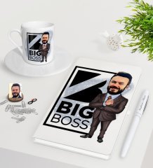 Kişiye Özel Erkek Big Boss Karikatürlü Beyaz Defter Kalem Türk Kahvesi Fincanı Seti-1