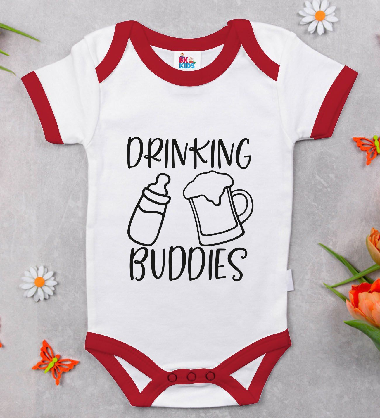 BK Kids Drinking Buddies Tasarımlı Kırmızı Bebek Body Zıbın-1