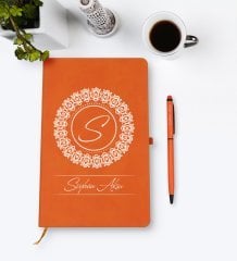 Kişiye Özel İsimli Turuncu Termo Deri Defter Kalem Seti Model 2